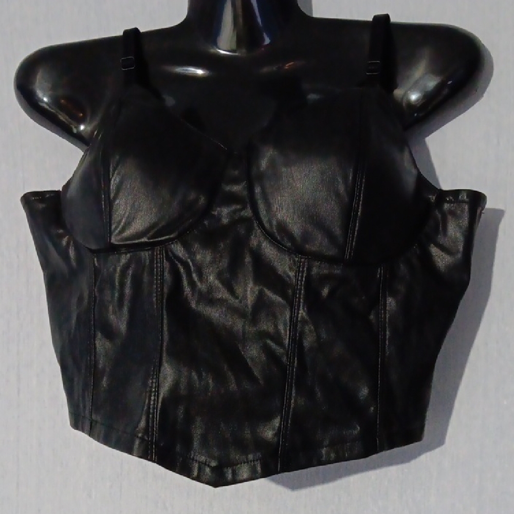Madden NYC Black Faux Leather Bustier Top Lingerie Adjustable Padded M